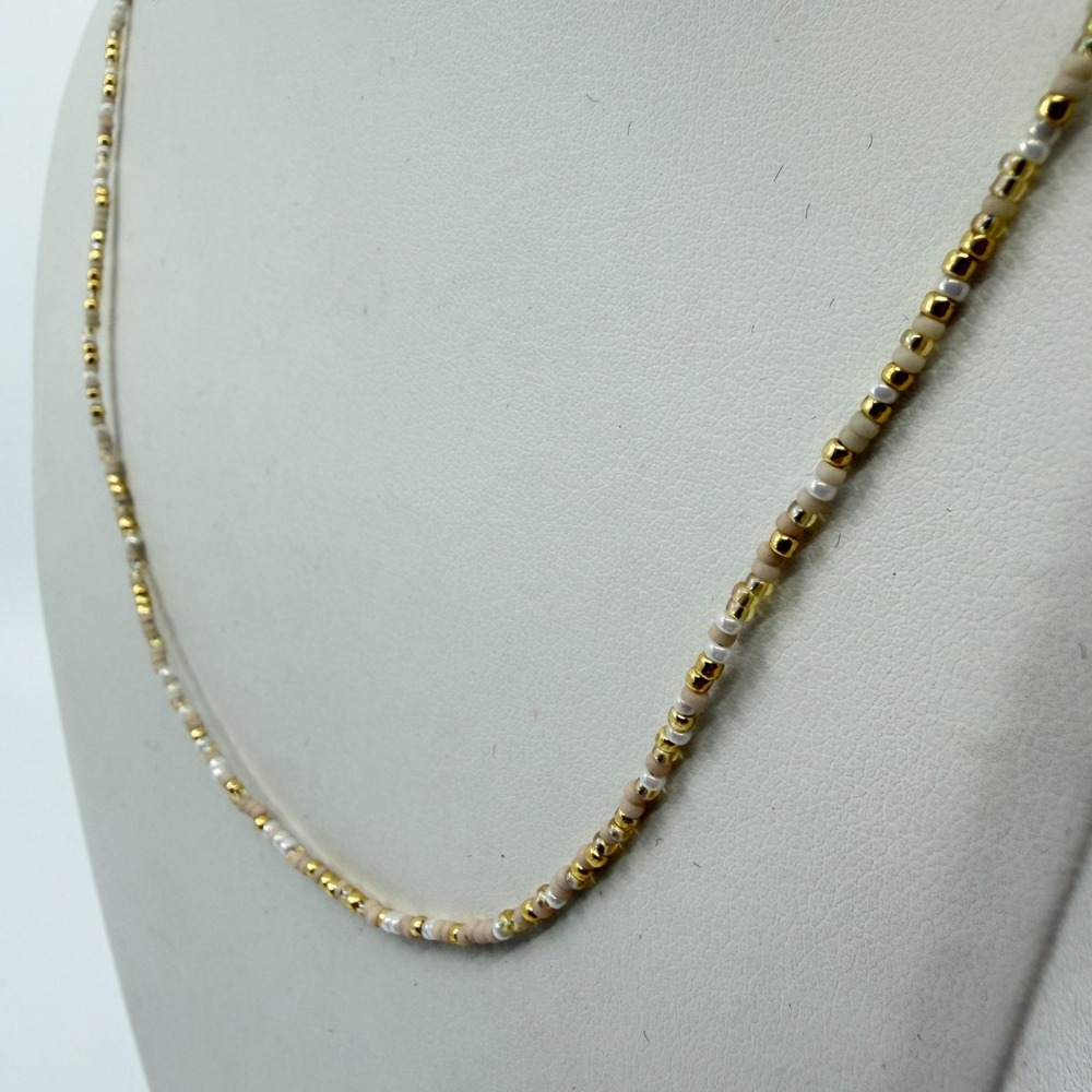 Minimalist Gold & Cream Beaded Necklace Dainty Boho Layering Glass Bead 18in